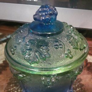 Vintage Jeanette Flashed Blue Green Ombre Grape Harvest Candy Dish